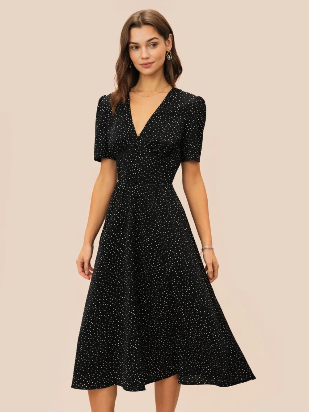Black V Neck Polka Dot Midi Dress (Size L)